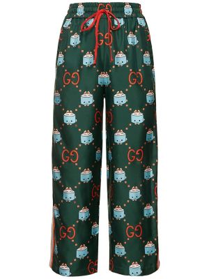 Pantaloni de mătase cu imagine cu imprimeu animal print Gucci verde
