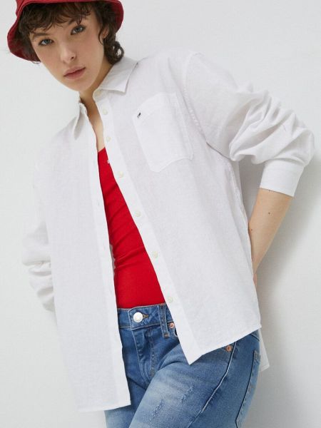 Ленена дънкова риза Tommy Jeans бяло