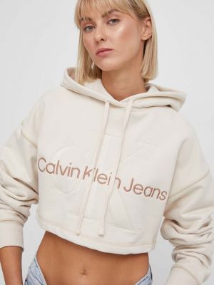 Bavlněná mikina s kapucí s aplikacemi Calvin Klein Jeans béžová