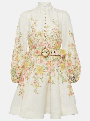 Lanena obleka s cvetličnim vzorcem Zimmermann bela