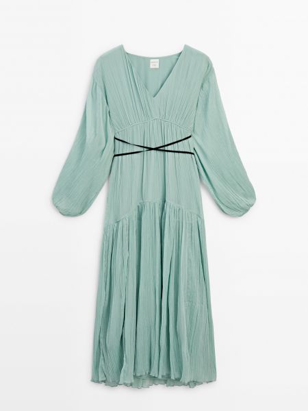 Плиссированное длинное платье Massimo Dutti зеленое