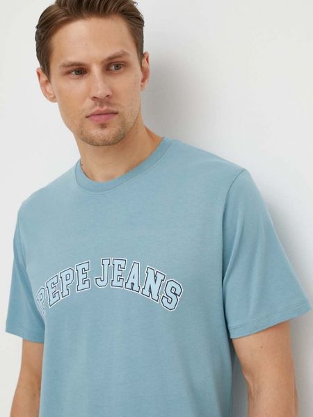 Koszulka bawełniana z nadrukiem Pepe Jeans niebieska