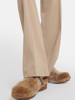 Vlněné rovné kalhoty s vysokým pasem Brunello Cucinelli béžové