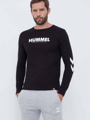 Bavlněné tričko s dlouhým rukávem s potiskem s dlouhými rukávy Hummel černé
