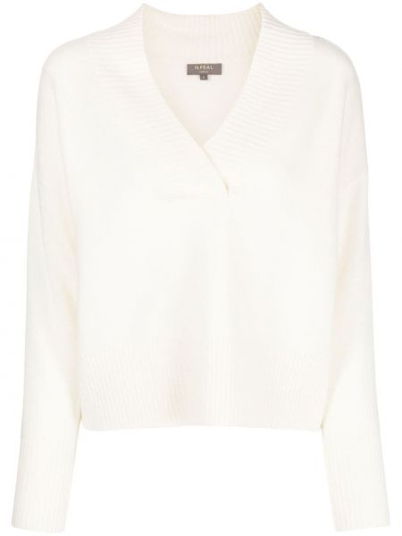 Жакардов пуловер с v-образно деколте N.peal бяло