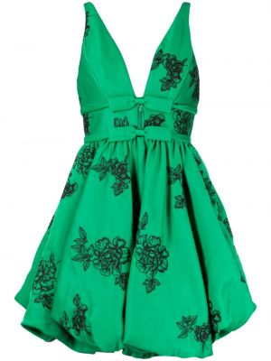 V-nyakú virágos hímzett ruha Marchesa Notte zöld