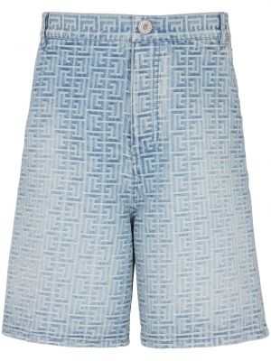 Shorts en jean à imprimé Balmain bleu