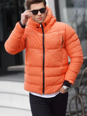 Пухено палто с качулка Madmext оранжево