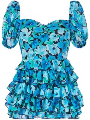 Kvetinové koktejlkové šaty s potlačou s volánmi Rotate modrá