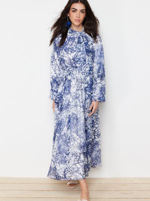 Večernja haljina od šifona s cvjetnim printom Trendyol plava