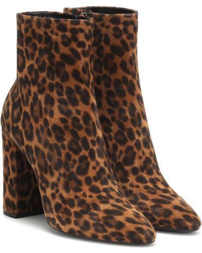 Велурени обувки до глезена с принт с леопардов принт Saint Laurent кафяво
