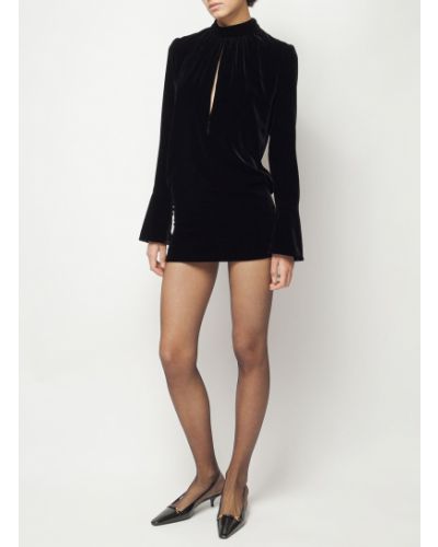 Žametna svilena mini obleka iz rebrastega žameta Saint Laurent črna