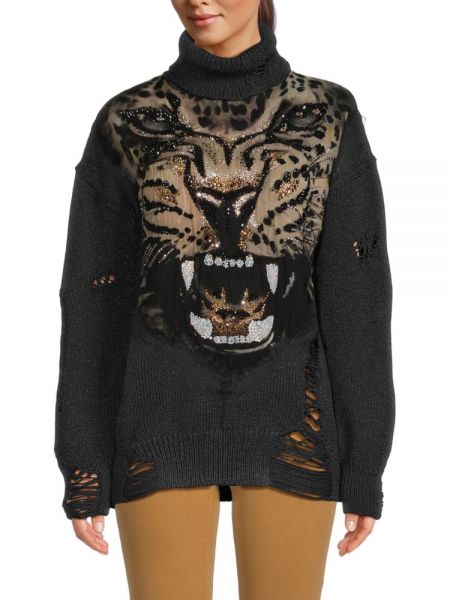 Рваный свитер с декором Tiger Roberto Cavalli черный