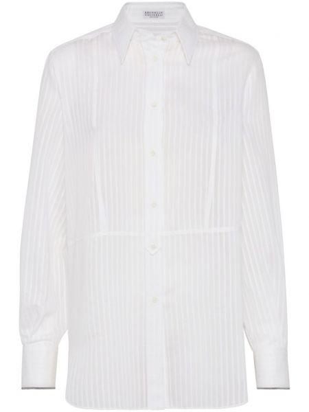 Pruhovaná bavlněná hedvábná dlouhá košile Brunello Cucinelli bílá