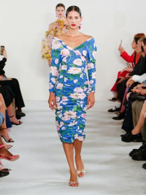 Robe mi-longue en coton à fleurs Carolina Herrera bleu