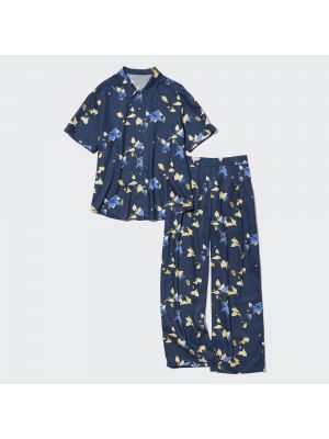 Атласная пижама с принтом с коротким рукавом Uniqlo синяя