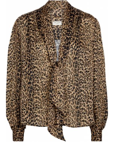 Копринена блуза с принт с леопардов принт Saint Laurent кафяво