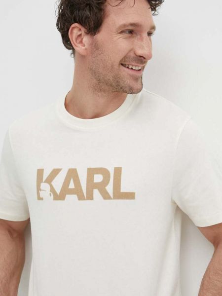 Koszulka bawełniana z nadrukiem Karl Lagerfeld beżowa