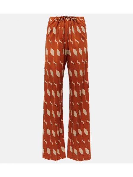 Pantalon droit en soie à imprimé Dries Van Noten orange