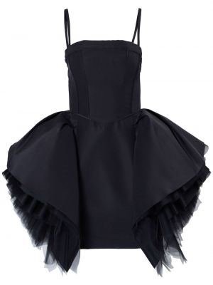 Копринена коктейлна рокля с волани от тюл Carolina Herrera черно