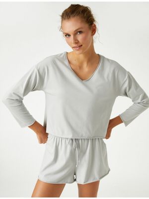 Памучна пижама с v-образно деколте с дълъг ръкав Koton сиво