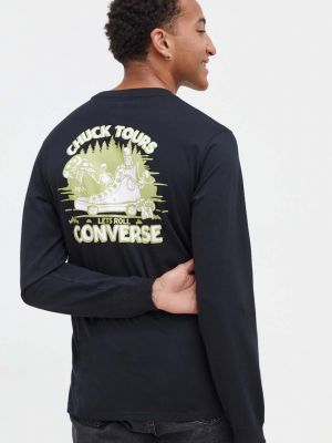 Bavlněné tričko s dlouhým rukávem s potiskem s dlouhými rukávy Converse černé