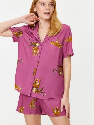 Piżama z wiskozy pleciona Trendyol różowa