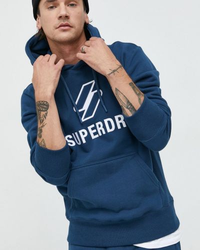 Superdry hanorac de bumbac barbati, culoarea albastru marin, cu glugă, cu imprimeu