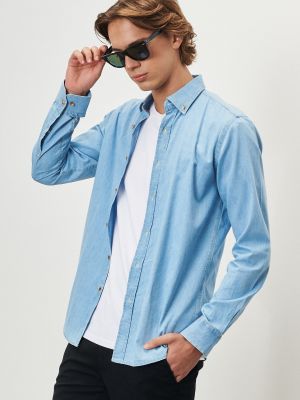 Kokvilnas slim fit džinsa krekls ar pogām Altinyildiz Classics zils