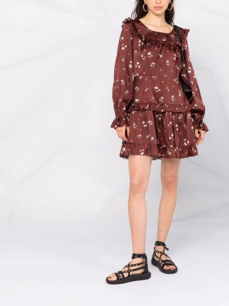 Mini vestido de seda de flores con estampado Roses & Lace marrón