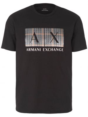 Kockás pamut póló nyomtatás Armani Exchange fekete