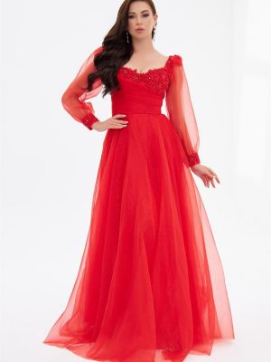 Siuvinėtas maksi suknelė ilgomis rankovėmis iš tiulio Carmen raudona