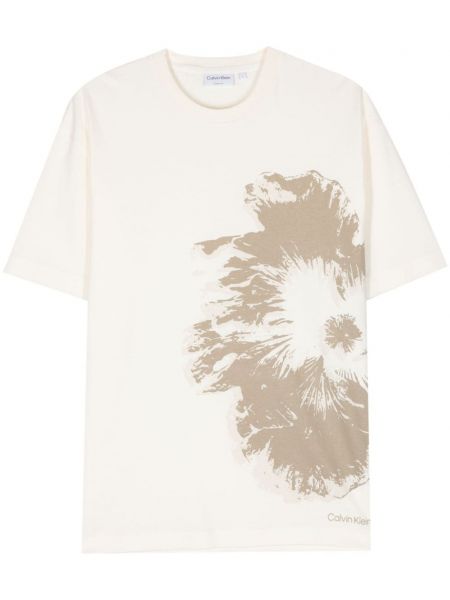 Kvetinové bavlnené tričko s potlačou Calvin Klein biela