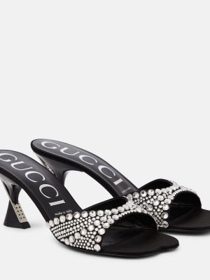 Satynowe sandały z kryształkami Gucci czarne