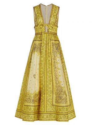 Шелковое льняное длинное платье с бантом Zimmermann желтое