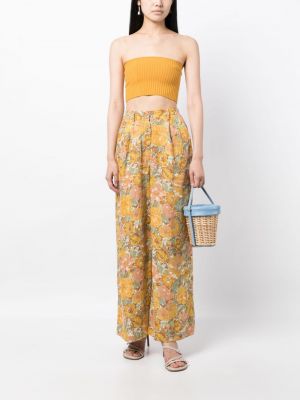 Květinové lněné kalhoty s potiskem Faithfull The Brand žluté