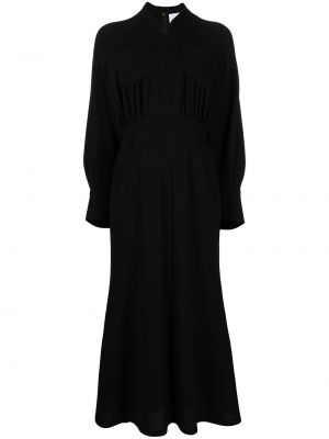 Vlněné dlouhé šaty s výstřihem do v s dlouhými rukávy Mame Kurogouchi - černá