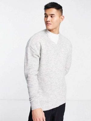 Шерстяной длинный свитер с v-образным вырезом оверсайз Selected серый