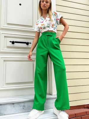 Plisované nohavice s vysokým pásom s vreckami Trend Alaçatı Stili zelená