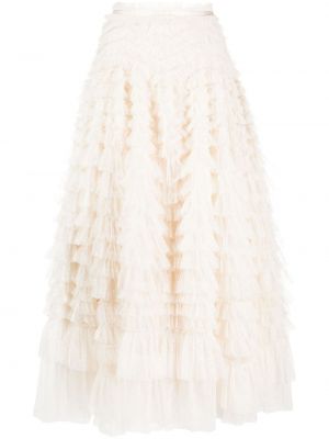 Tylová sukňa s volánmi Needle & Thread biela