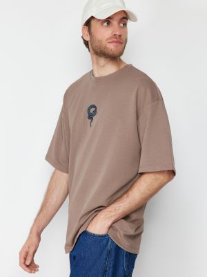 Вишита футболка оверсайз зі зміїним принтом Trendyol коричнева