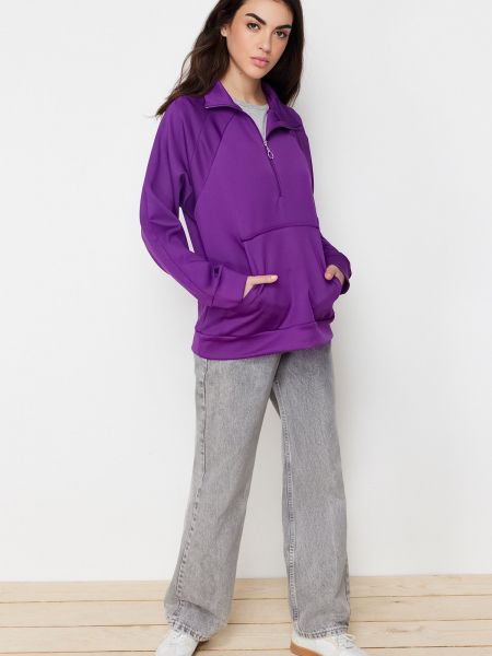 Фиолетовое худи на молнии с карманами Trendyol