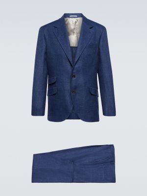 Jedwabny lniany garnitur wełniany Brunello Cucinelli niebieski
