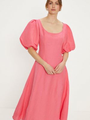 Льняное платье миди с пышными рукавами Oasis розовое