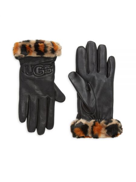 Леопардовые кожаные перчатки Ugg черные