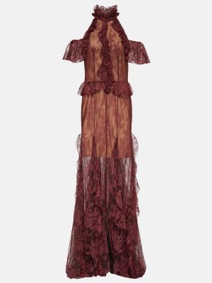 Sukienka długa z falbankami koronkowa Costarellos brązowa
