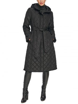 Женское стеганое пальто с капюшоном и поясом DKNY черный
