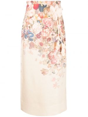 Kvetinová ľanová midi sukňa s potlačou Zimmermann ružová
