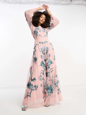 Розовое длинное платье с вышивкой с вырезом на спине Asos
