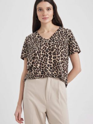 Leopardí tričko s výstřihem do v s krátkými rukávy Defacto hnědé